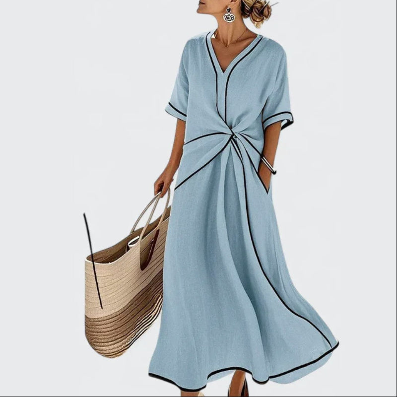Ashley - Women's V-Neck Knot Front Midi Dress