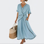 Ashley - Women's V-Neck Knot Front Midi Dress