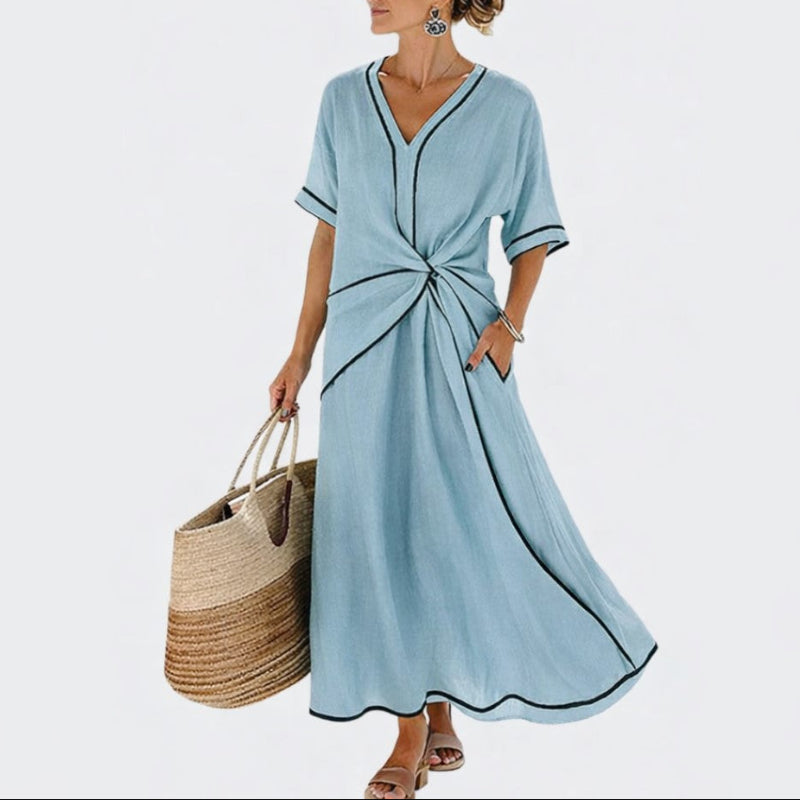 Ashley - Women's V-Neck Knot Front Midi Dress