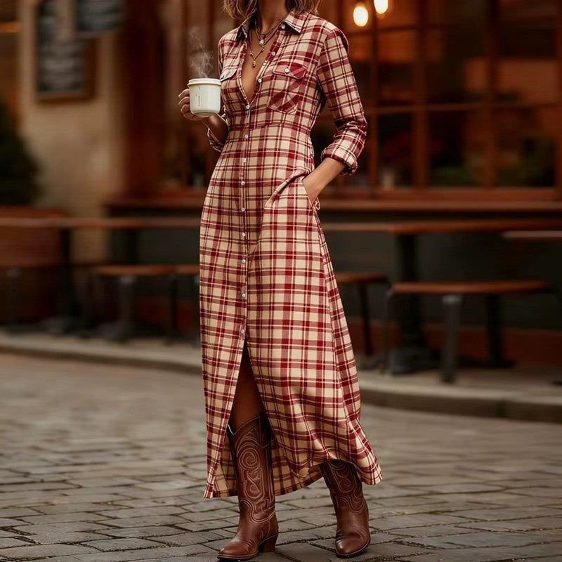 Audrey - Women's Plaid Button Down Maxi Dress
