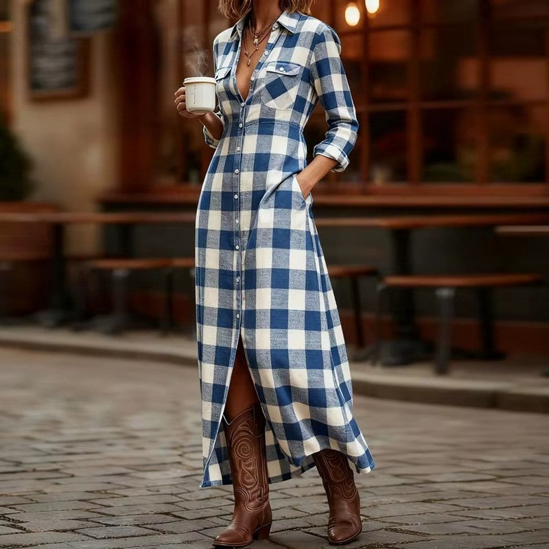 Audrey - Women's Plaid Button Down Maxi Dress