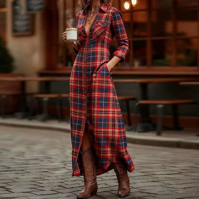 Audrey - Women's Plaid Button Down Maxi Dress