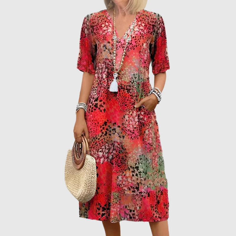 Ava - Women’s Short Sleeve Patterned Midi Dress