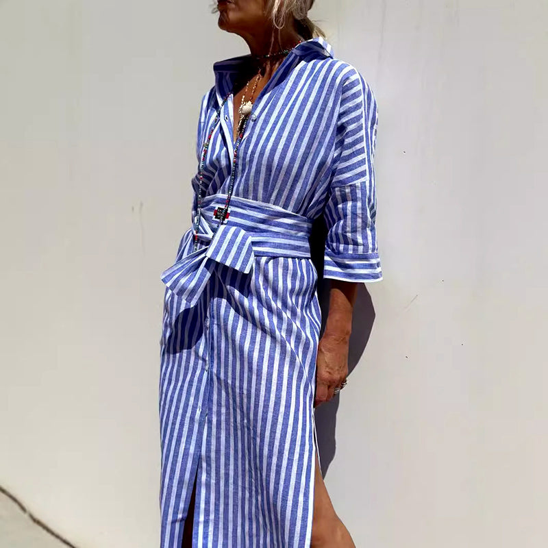 Blair - Women’s Striped Shirt Dress with Belt and Side Slits