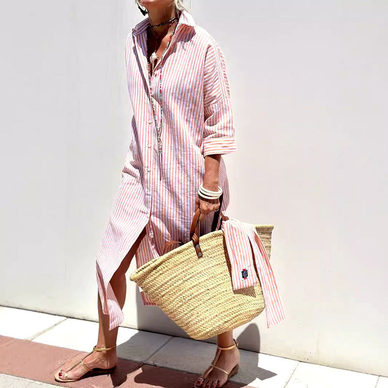 Blair - Women’s Striped Shirt Dress with Belt and Side Slits