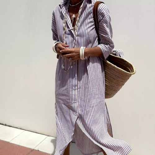 Blair - Women’s Striped Shirt Dress with Belt and Side Slits