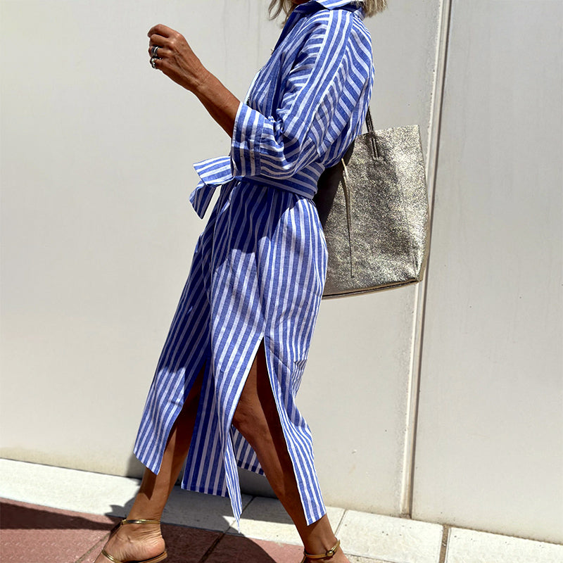 Blair - Women’s Striped Shirt Dress with Belt and Side Slits