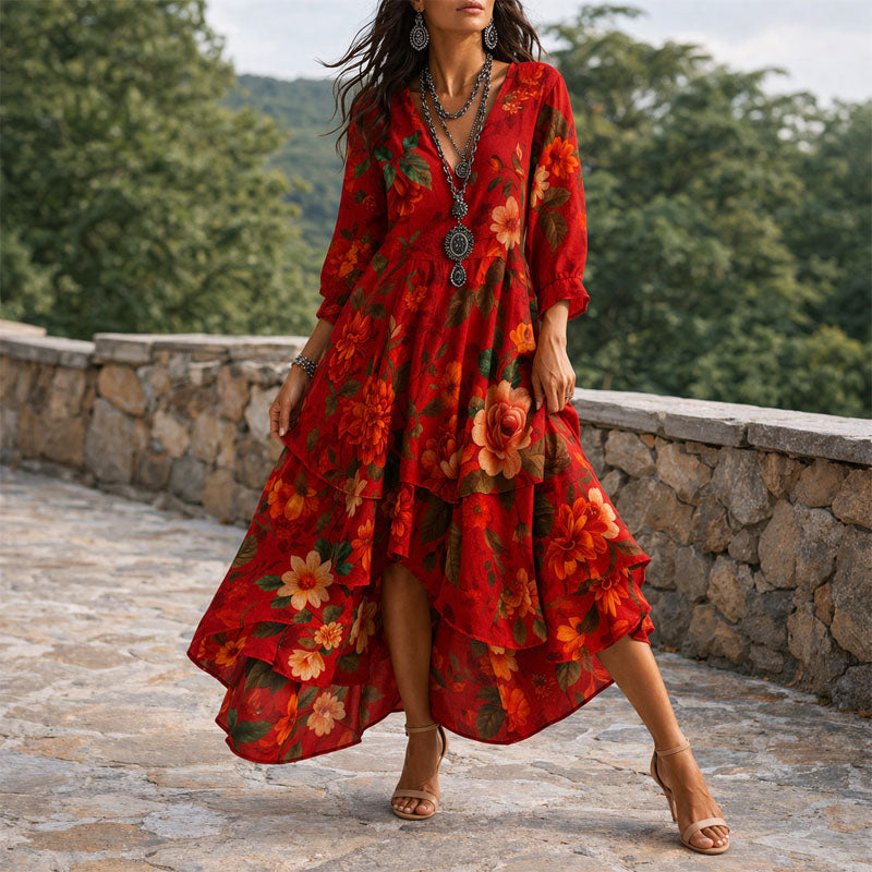 Cadence - Women's Boho Floral Dress with Flowing Skirt