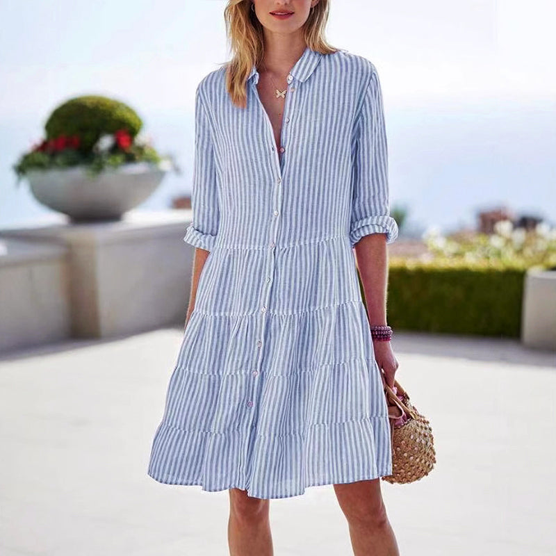 Caroline - Women's Striped Button-Front Tiered Dress