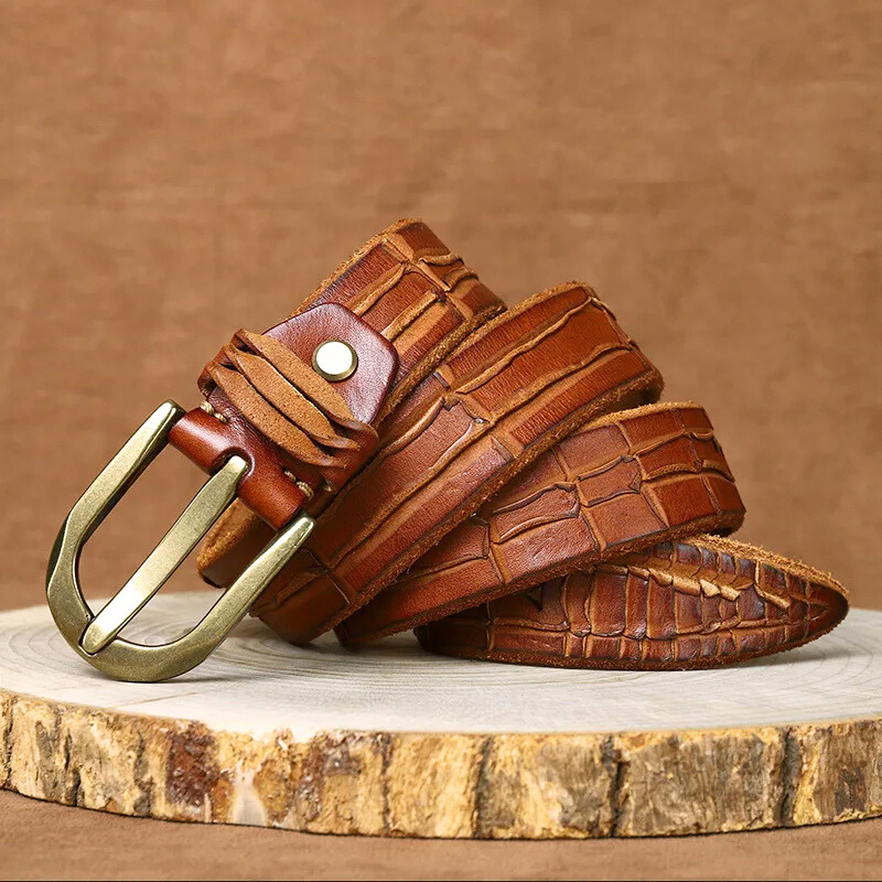 Cassius - Men's Genuine Leather Textured Belt with Brass Buckle