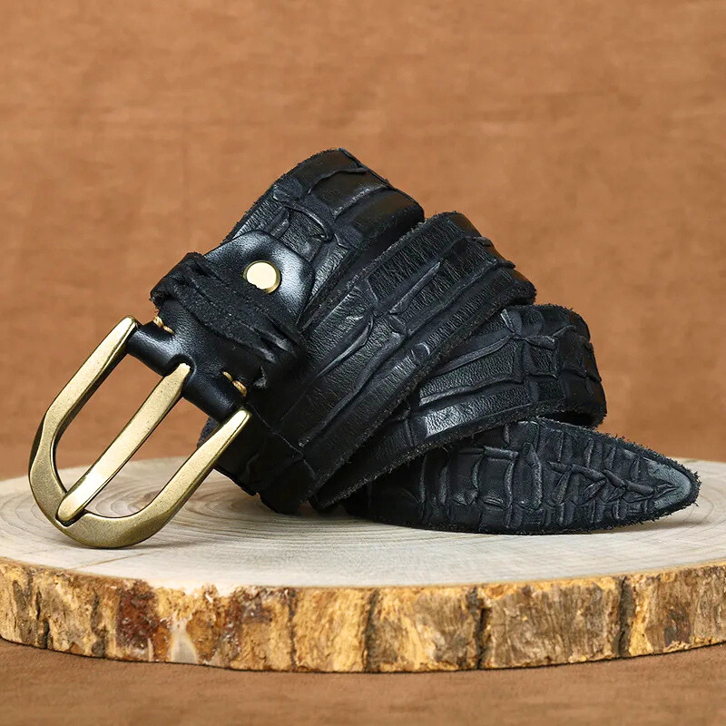 Cassius - Men's Genuine Leather Textured Belt with Brass Buckle
