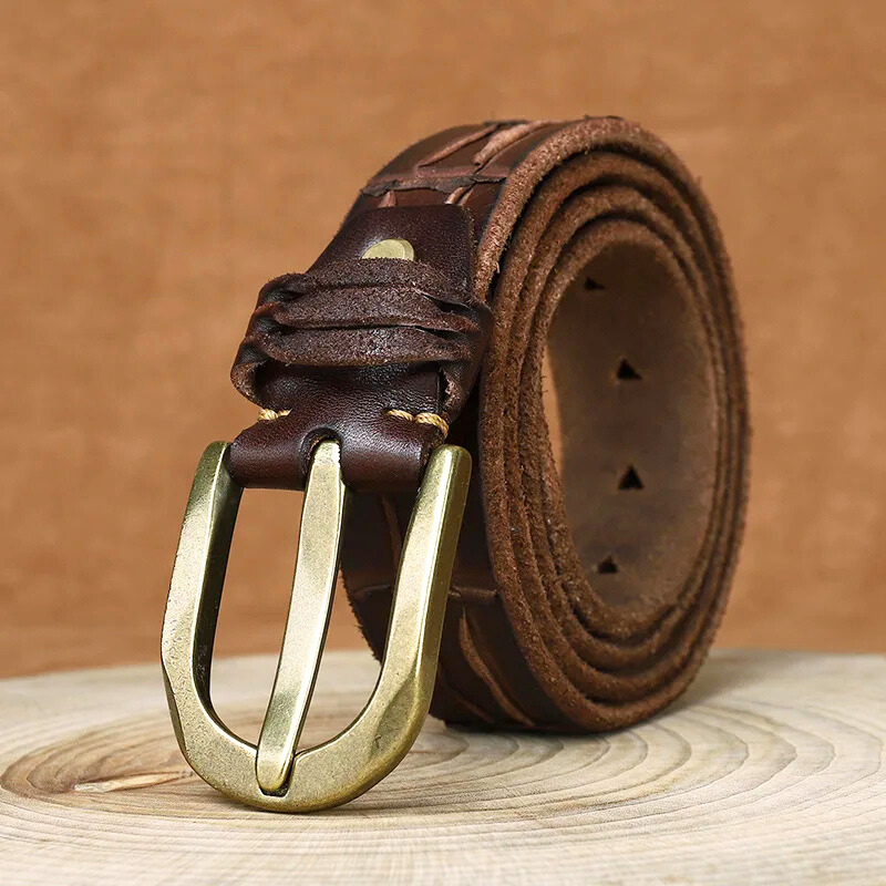Cassius - Men's Genuine Leather Textured Belt with Brass Buckle