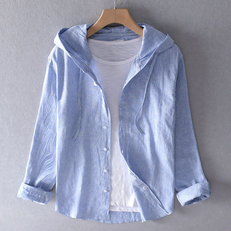 Casual Linen Striped Hooded Shirt