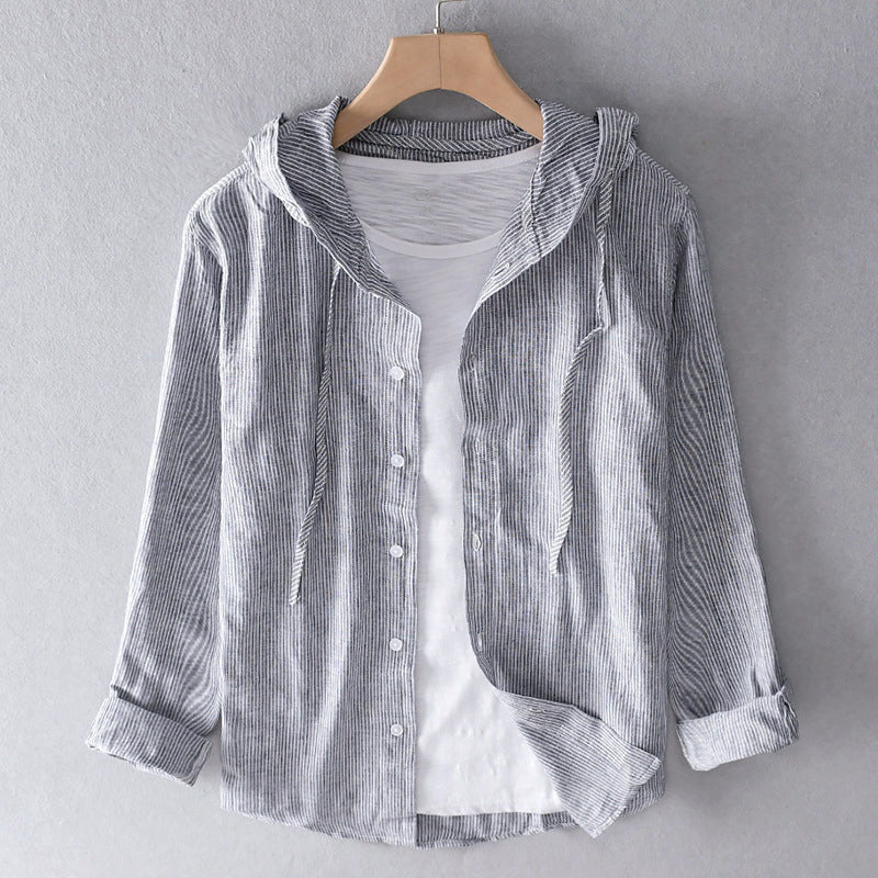 Casual Linen Striped Hooded Shirt