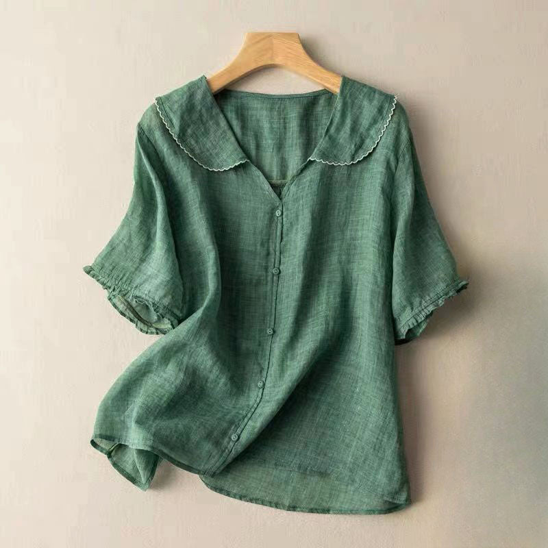 Celine - Women's Button-Up Blouse with Ruffle Collar