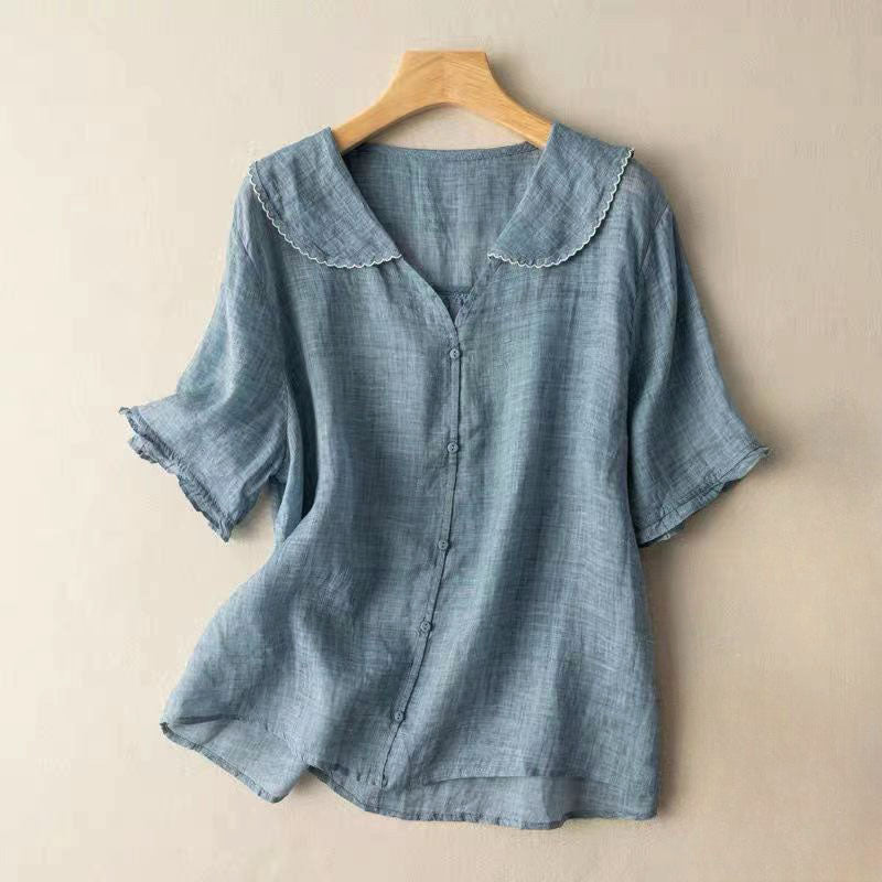 Celine - Women's Button-Up Blouse with Ruffle Collar