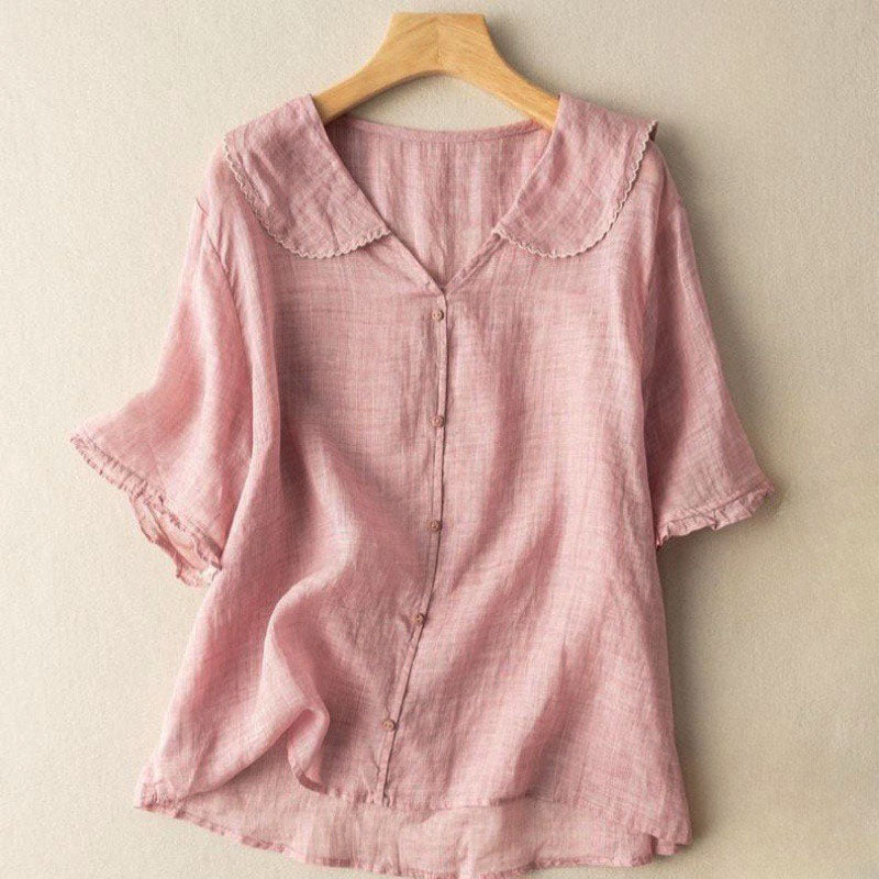 Celine - Women's Button-Up Blouse with Ruffle Collar