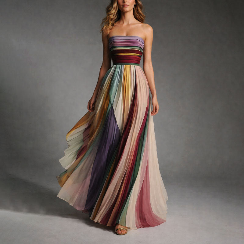 Chloe - Women’s Bandeau Pleated Multicolor Maxi Dress