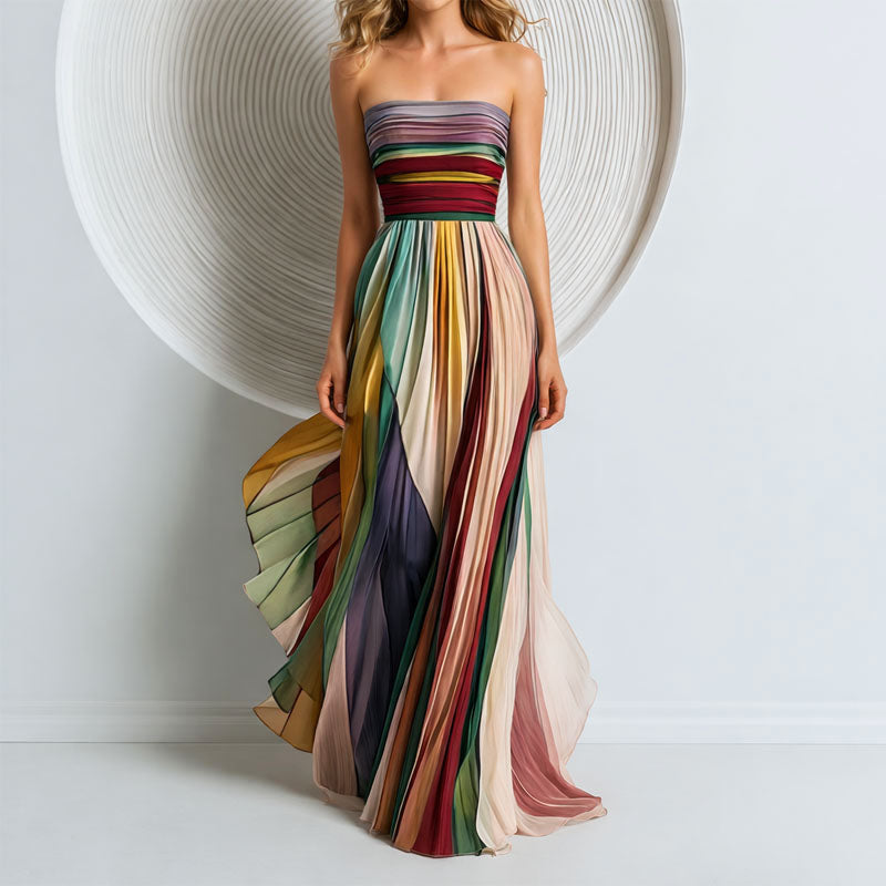 Chloe - Women’s Bandeau Pleated Multicolor Maxi Dress