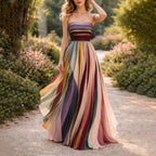 Chloe - Women’s Bandeau Pleated Multicolor Maxi Dress
