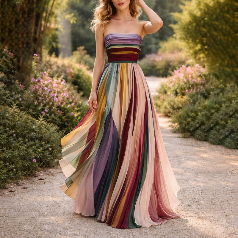 Chloe - Women’s Bandeau Pleated Multicolor Maxi Dress