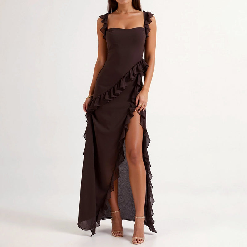 Chloe - Women’s Ruffle Maxi Event Dress with High Slit