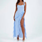 Chloe - Women’s Ruffle Maxi Event Dress with High Slit