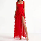 Chloe - Women’s Ruffle Maxi Event Dress with High Slit