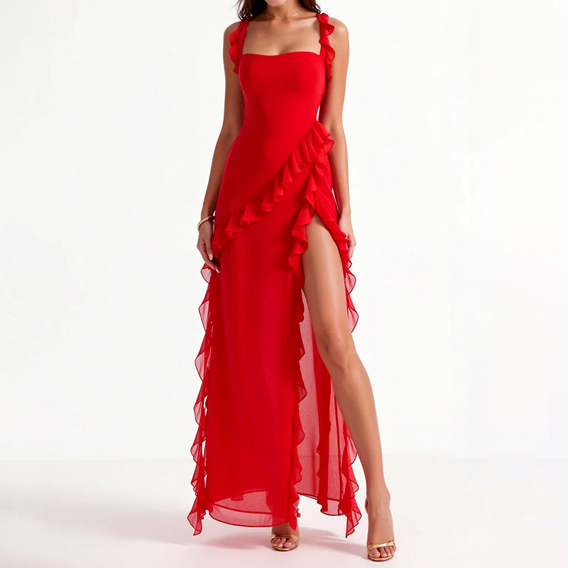 Chloe - Women’s Ruffle Maxi Event Dress with High Slit