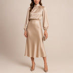 Claire - Women's Long Sleeve Satin Midi Dress with High Neck