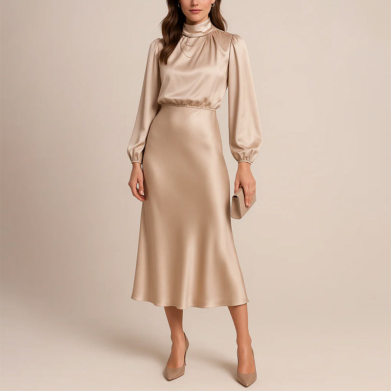 Claire - Women's Long Sleeve Satin Midi Dress with High Neck