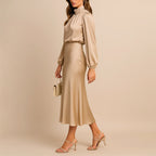 Claire - Women's Long Sleeve Satin Midi Dress with High Neck