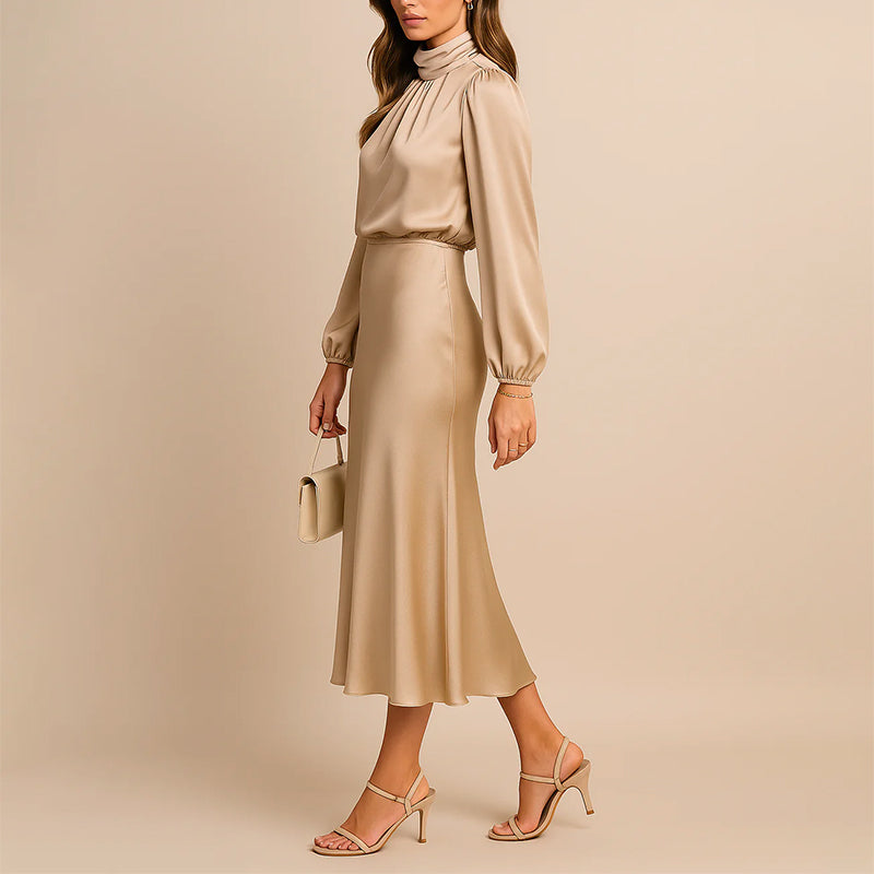 Claire - Women's Long Sleeve Satin Midi Dress with High Neck