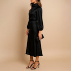 Claire - Women's Long Sleeve Satin Midi Dress with High Neck