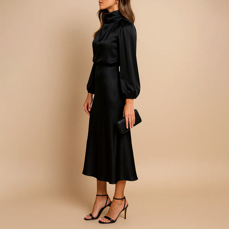Claire - Women's Long Sleeve Satin Midi Dress with High Neck