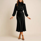 Claire - Women's Long Sleeve Satin Midi Dress with High Neck