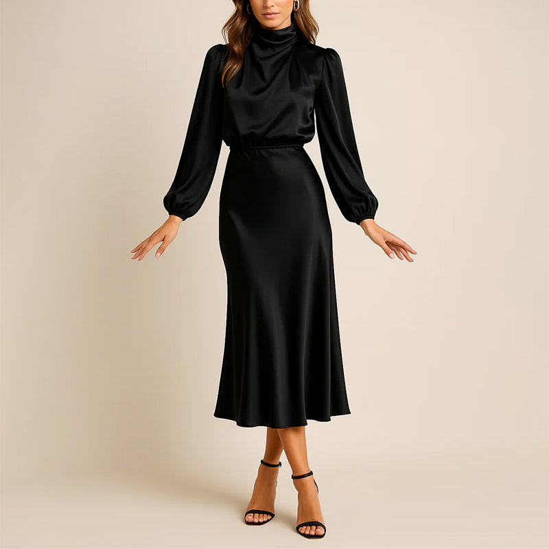 Claire - Women's Long Sleeve Satin Midi Dress with High Neck