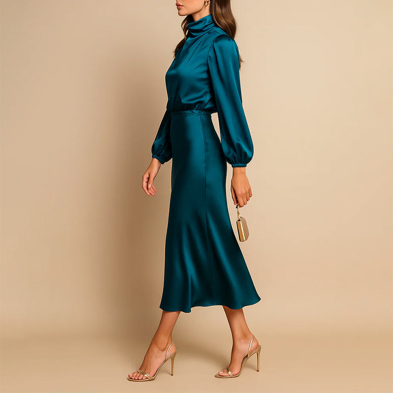 Claire - Women's Long Sleeve Satin Midi Dress with High Neck