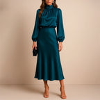 Claire - Women's Long Sleeve Satin Midi Dress with High Neck