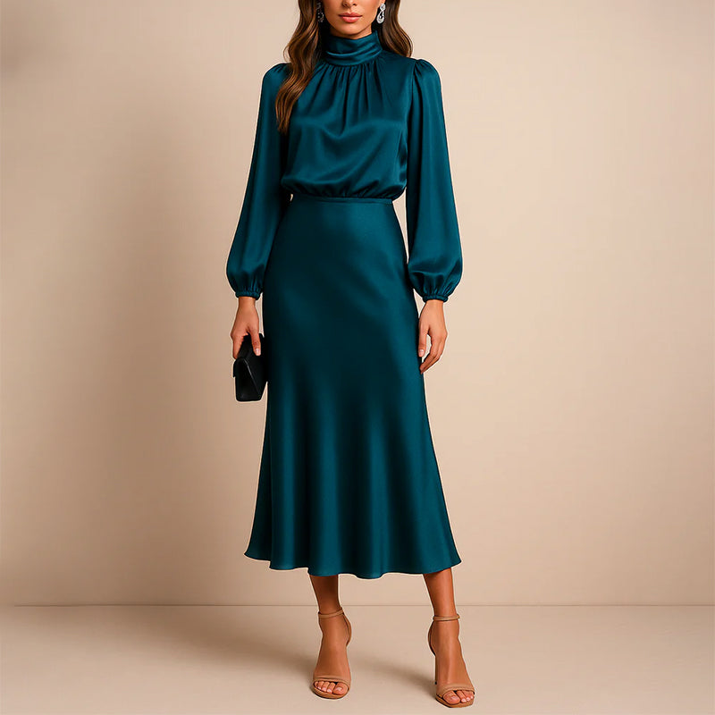 Claire - Women's Long Sleeve Satin Midi Dress with High Neck