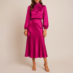 Claire - Women's Long Sleeve Satin Midi Dress with High Neck