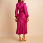 Claire - Women's Long Sleeve Satin Midi Dress with High Neck