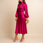 Claire - Women's Long Sleeve Satin Midi Dress with High Neck
