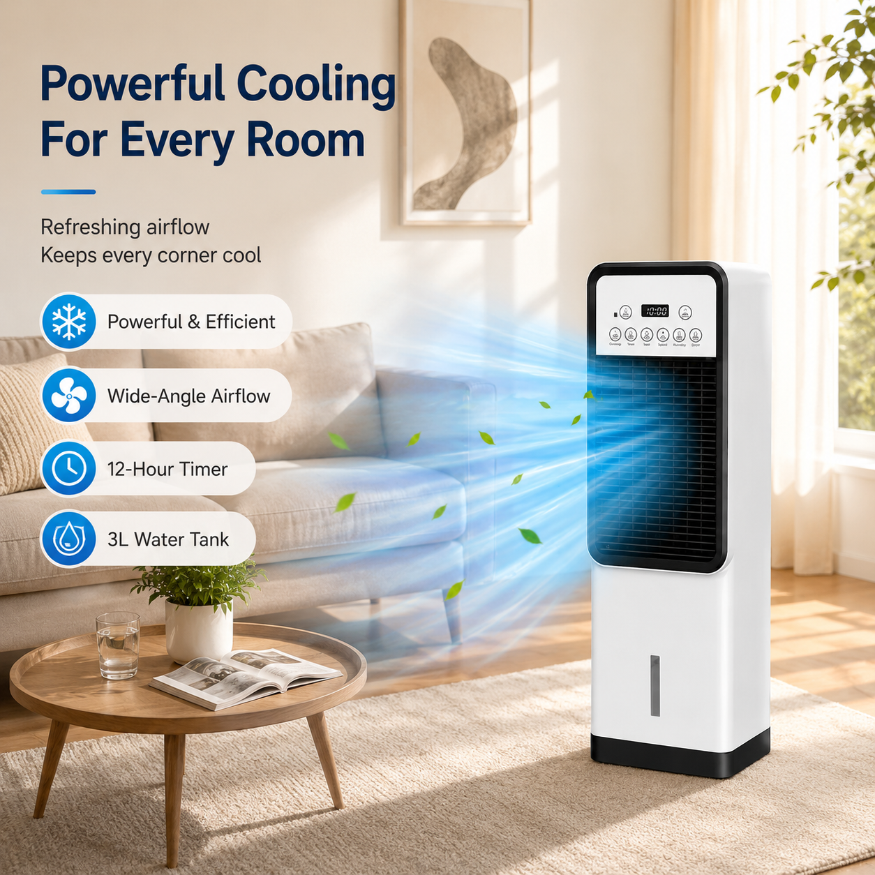 A portable white and black air conditioning unit standing in a bright living room, with blue airflow graphics and marketing text on the left describing cooling, airflow, timer, and water tank features.