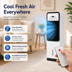 A portable tower fan with a remote control shown in a living room setting, with promotional text highlighting features like cool fresh air, easy operation, 12-hour timer, wide cooling coverage, and humidification.