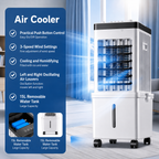 A white and black portable air cooler on wheels shown in a bright room, with a blue feature panel on the left listing product highlights such as push button control, 3-speed wind settings, cooling and humidifying, oscillating air louvers, and a 15L removable water tank.