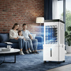 Family sitting on a couch in a living room with a portable air conditioner.