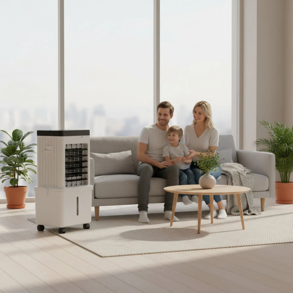 Family sitting on a couch in a modern living room with an air cooler.