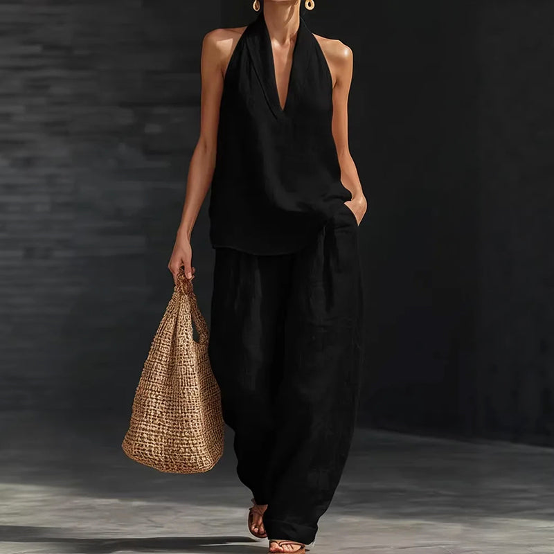 Danielle - Women's Halter Neck Top and Wide-Leg Pants Set