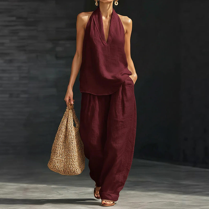 Danielle - Women's Halter Neck Top and Wide-Leg Pants Set